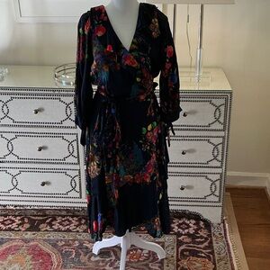 Cynthia Rowley Navy Floral Wrap Midi Dress with Ruffle Trim